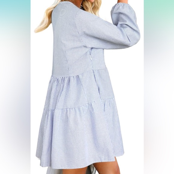 Blue Stripe, V-Neck, Ruffle Tier Dress - Picture 3 of 6